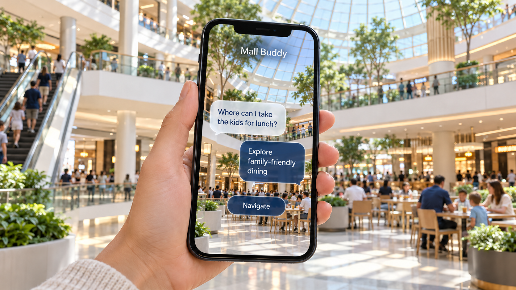 Illustrative Mall Buddy phone view with translucent conversation panels over the mall camera view