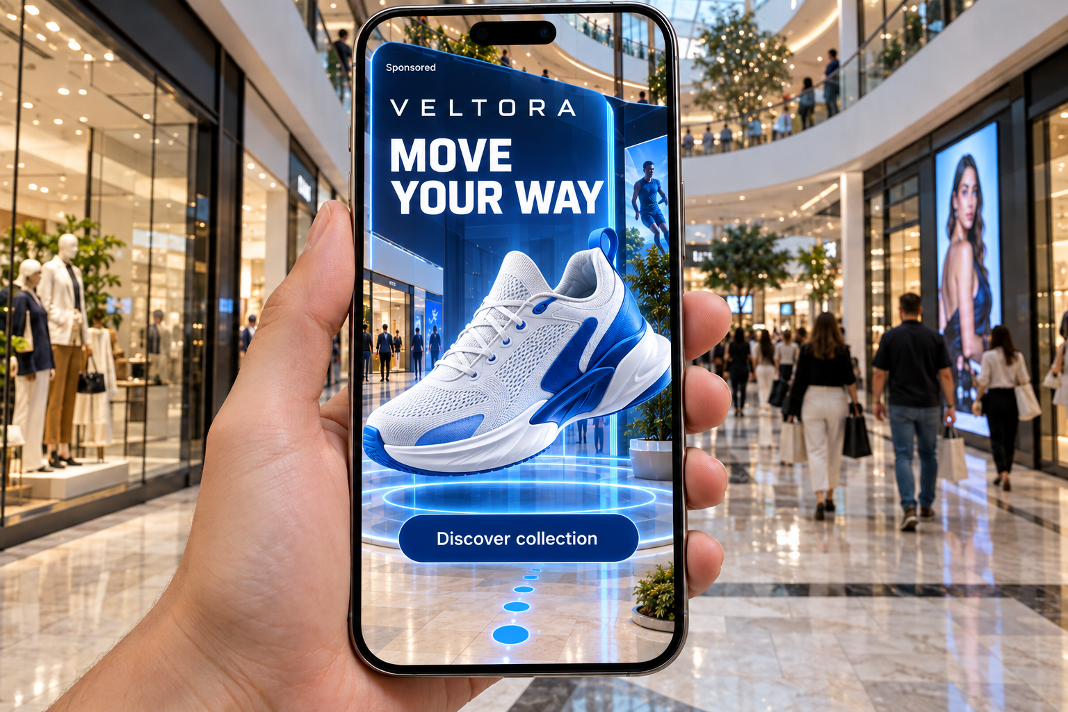 Large sponsored AR sneaker banner filling the phone screen in a shopping mall