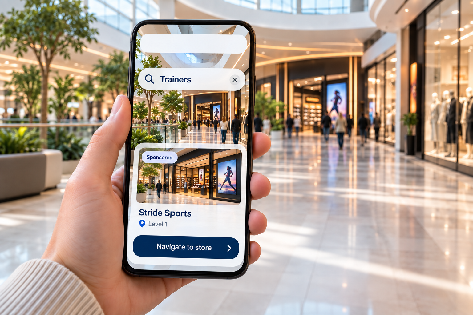 Sponsored footwear search displayed on a realistic phone in a shopping mall